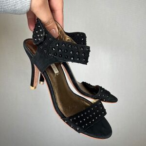 Cynthia Vincent VTG Studded Suede Heeled Sandals Black Ankle Strap Heel Designer